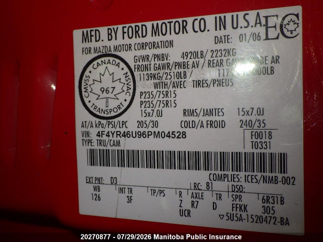 20270877 :رقم المزاد ، 4F4YR46U96PM04528 vin ، 2006 Mazda B3000 Cab Plus 4dr مزاد بيع