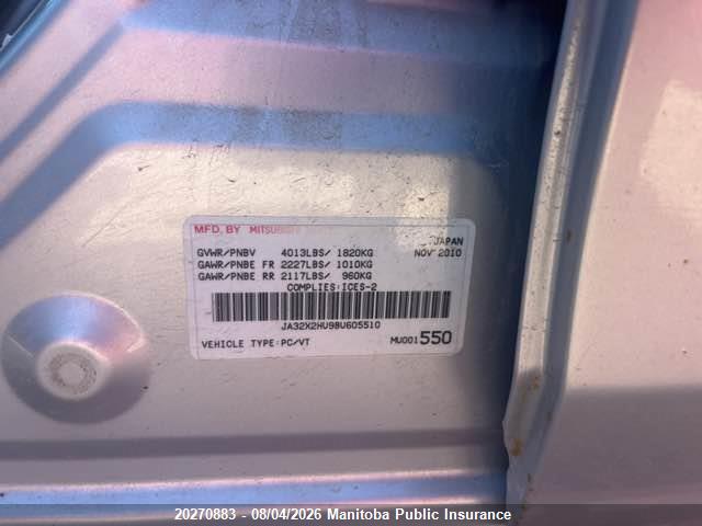 20270883 :رقم المزاد ، JA32X2HU9BU605510 vin ، 2011 Mitsubishi Lancer Sportback Es مزاد بيع
