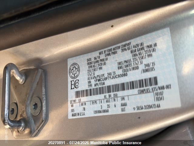 Auction sale of the 2018 Ford Escape S, vin: 1FMCU0F71JUC93080, lot number: 20270891