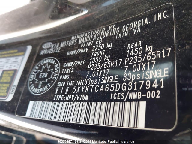 Aukcja sprzedaży 2013 Kia Sorento Lx, vin: 5XYKTCA65DG317941, numer aukcji: 20270897