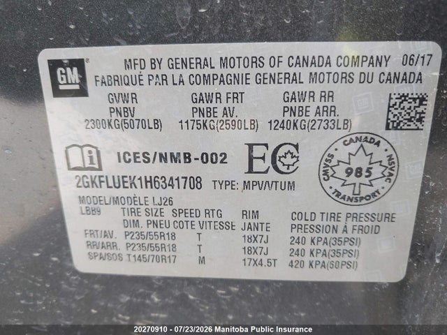 Aukcja sprzedaży 2017 Gmc Terrain Slt, vin: 2GKFLUEK1H6341708, numer aukcji: 20270910