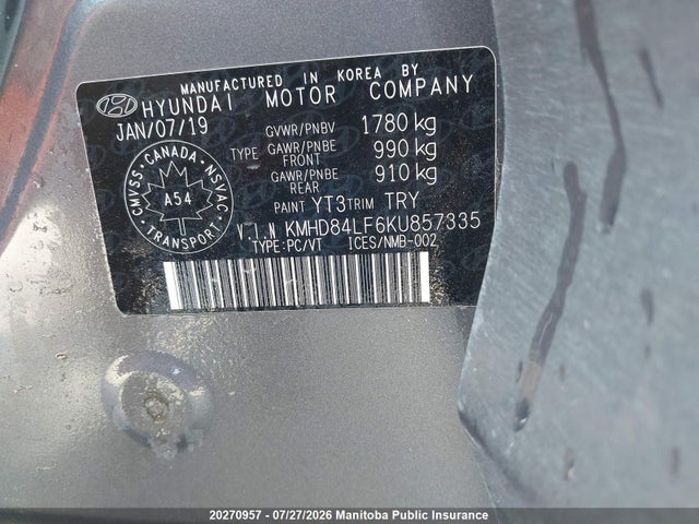 20270957 :رقم المزاد ، KMHD84LF6KU857335 vin ، 2019 Hyundai Elantra Preferred مزاد بيع