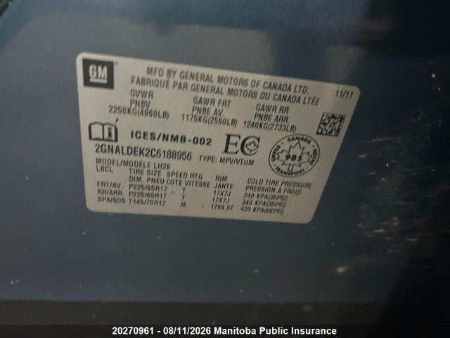 20270961 :رقم المزاد ، 2GNALDEK2C6188956 vin ، 2012 Chevrolet Equinox Lt مزاد بيع