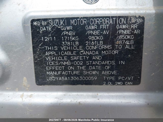 20270977 :رقم المزاد ، JS2YA5A13C6300059 vin ، 2012 Suzuki Sx4 مزاد بيع