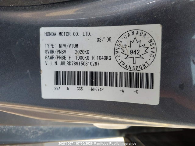 20271007 :رقم المزاد ، JHLRD78915C810267 vin ، 2005 Honda Cr-v Ex-l مزاد بيع