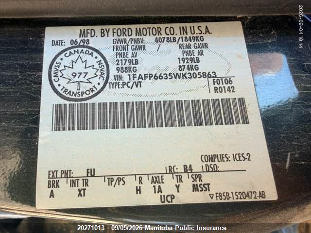 Продаж на аукціоні авто 1998 Ford Contour Se, vin: 1FAFP6635WK305863, номер лоту: 20271013