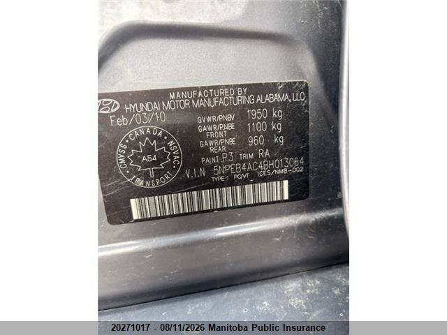 Aukcja sprzedaży 2011 Hyundai Sonata Gl, vin: 5NPEB4AC4BH013064, numer aukcji: 20271017