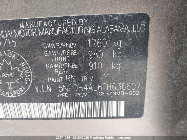 20271026 :رقم المزاد ، 5NPDH4AE6FH636607 vin ، 2015 Hyundai Elantra Gl مزاد بيع