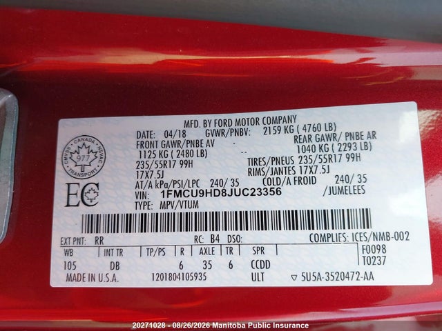 1FMCU9HD8JUC23356 Ford ESCAPE SEL