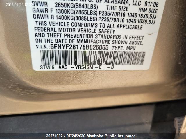 Продажа на аукционе авто 2006 Honda Pilot Lx, vin: 5FNYF28176B026065, номер лота: 20271032