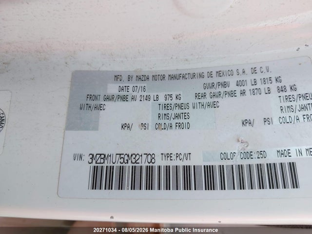 Aukcja sprzedaży 2016 Mazda Mazda3 Gx Sky, vin: 3MZBM1U75GM321708, numer aukcji: 20271034
