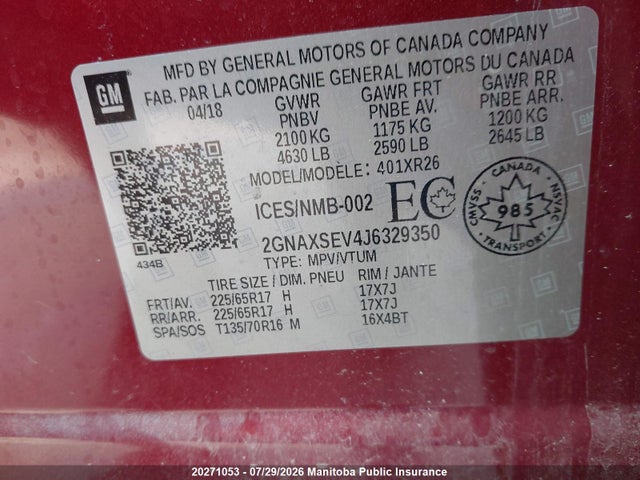 20271053 :رقم المزاد ، 2GNAXSEV4J6329350 vin ، 2018 Chevrolet Equinox Ls مزاد بيع