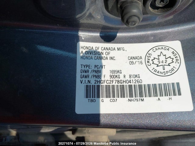 Honda CIVIC EX 2016 2HGFC2F78GH041260 Image 9