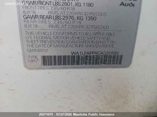 2012 Audi Q5 მანქანა იყიდება აუქციონზე, vin: WA1LFAFP6CA020588, აუქციონის ნომერი: 20271079