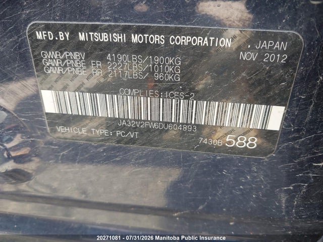 Продаж на аукціоні авто 2013 Mitsubishi Lancer Se, vin: JA32V2FW6DU604893, номер лоту: 20271081