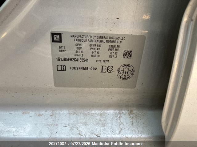 Aukcja sprzedaży 2012 Chevrolet Sonic Ls, vin: 1G1JB5EH2C4185541, numer aukcji: 20271087