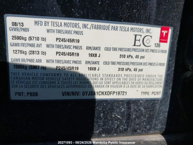 20271093 :رقم المزاد ، 5YJSA1CNXDFP19721 vin ، 2013 Tesla Model S 85 مزاد بيع