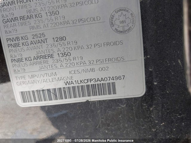 20271095 :رقم المزاد ، WA1LKCFP3AA074967 vin ، 2010 Audi Q5 V6 مزاد بيع
