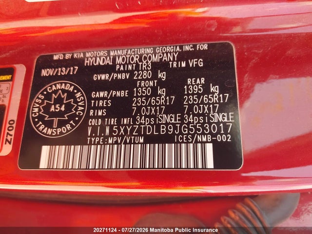 20271124 :رقم المزاد ، 5XYZTDLB9JG553017 vin ، 2018 Hyundai Santa Fe Sport مزاد بيع