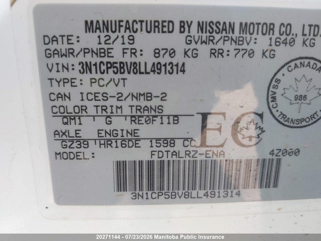 20271144 :رقم المزاد ، 3N1CP5BV8LL491314 vin ، 2020 Nissan Kicks S مزاد بيع