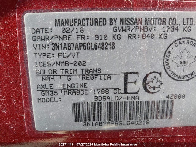 3N1AB7AP6GL648218 Nissan Sentra 1.8 Sv