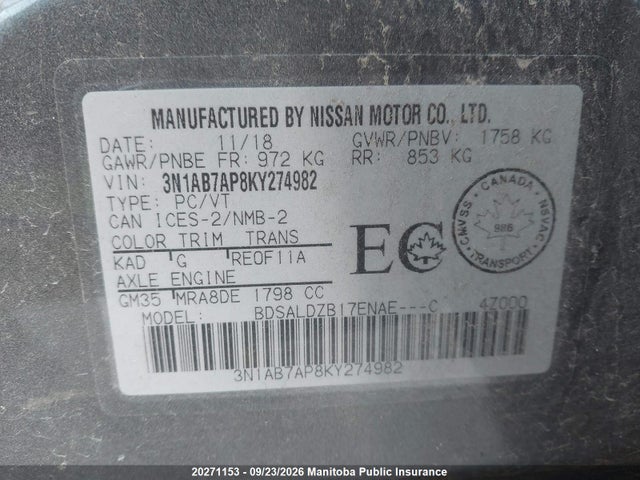 2019 Nissan Sentra 1.8 Sv მანქანა იყიდება აუქციონზე, vin: 3N1AB7AP8KY274982, აუქციონის ნომერი: 20271153