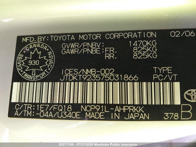 Продаж на аукціоні авто 2007 Toyota Yaris Le, vin: JTDKT923575031866, номер лоту: 20271156