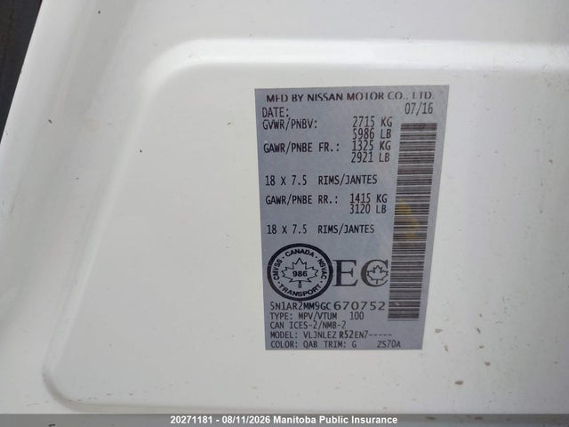 20271181 :رقم المزاد ، 5N1AR2MM9GC670752 vin ، 2016 Nissan Pathfinder Sv مزاد بيع