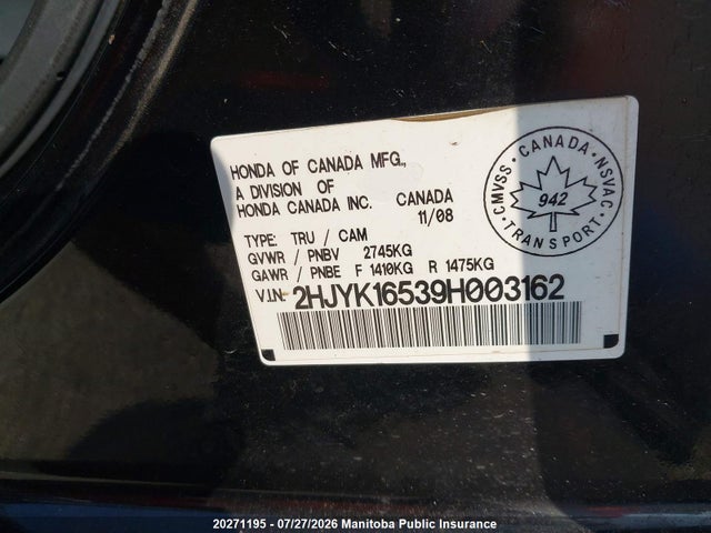 Продажа на аукционе авто 2009 Honda Ridgeline Ex-l, vin: 2HJYK16539H003162, номер лота: 20271195