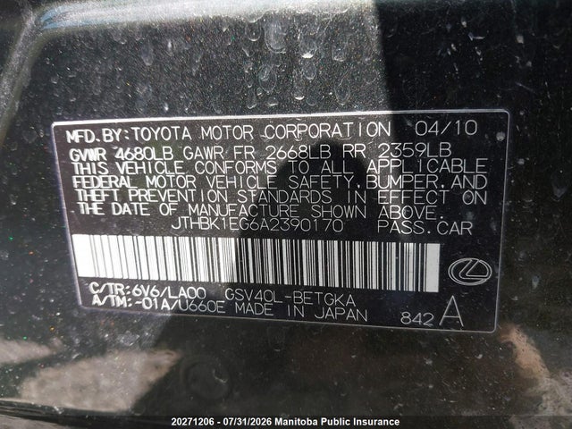 20271206 :رقم المزاد ، JTHBK1EG6A2390170 vin ، 2010 Lexus Es 350 350 مزاد بيع