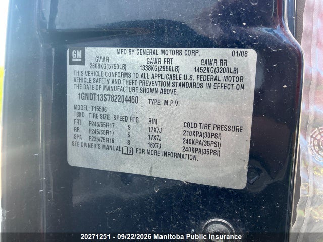 20271251 :رقم المزاد ، 1GNDT13S782204460 vin ، 2008 Chevrolet Trailblazer Ls مزاد بيع