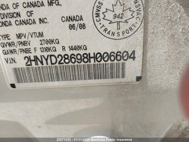 20271252 :رقم المزاد ، 2HNYD28698H006604 vin ، 2008 Acura Mdx مزاد بيع