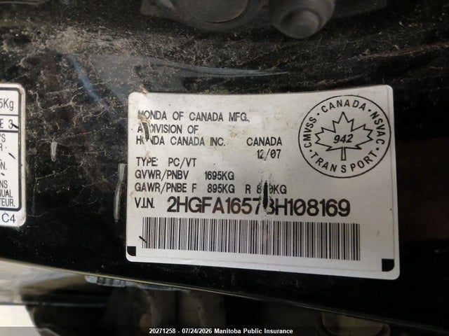 Продажа на аукционе авто 2008 Honda Civic Lx, vin: 2HGFA16578H108169, номер лота: 20271258