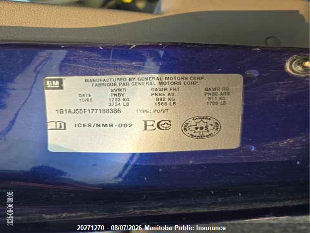20271270 :رقم المزاد ، 1G1AJ55F177188386 vin ، 2007 Chevrolet Cobalt Ls مزاد بيع