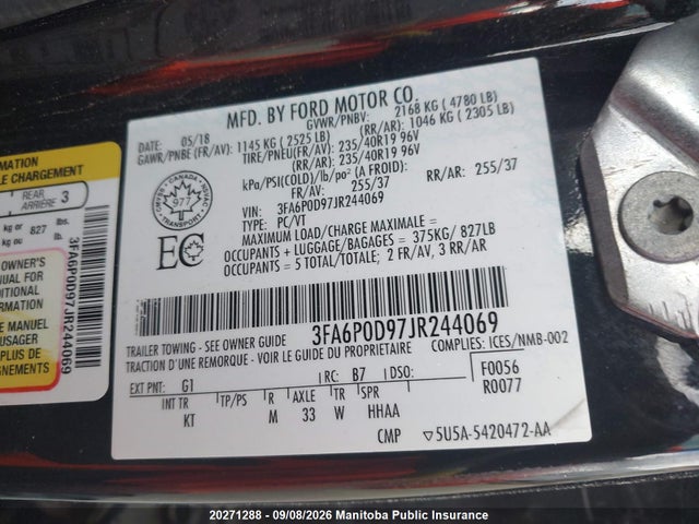 Продажа на аукционе авто 2018 Ford Fusion Se, vin: 3FA6P0D97JR244069, номер лота: 20271288