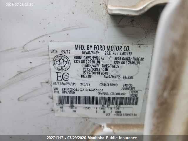 Aukcja sprzedaży 2013 Ford Edge Sel, vin: 2FMDK4JC3DBA27351, numer aukcji: 20271317