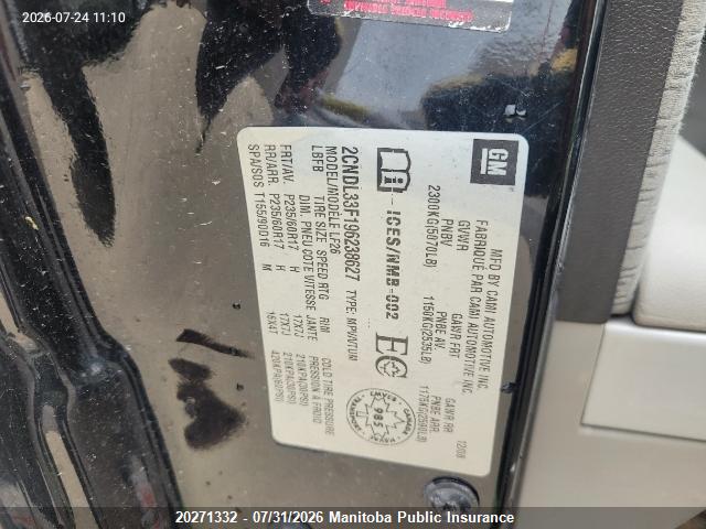Aukcja sprzedaży 2009 Chevrolet Equinox Lt V6, vin: 2CNDL33F196238627, numer aukcji: 20271332