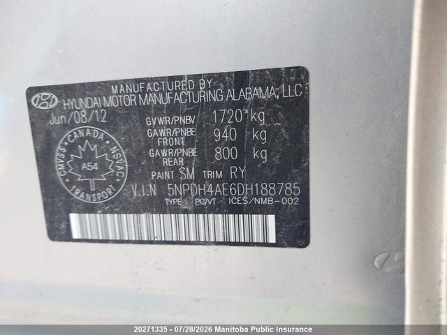Aukcja sprzedaży 2013 Hyundai Elantra Limited, vin: 5NPDH4AE6DH188785, numer aukcji: 20271335