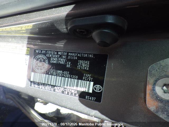Продажа на аукционе авто 2004 Toyota Camry Le, vin: 4T1BE32K74U851359, номер лота: 20271378
