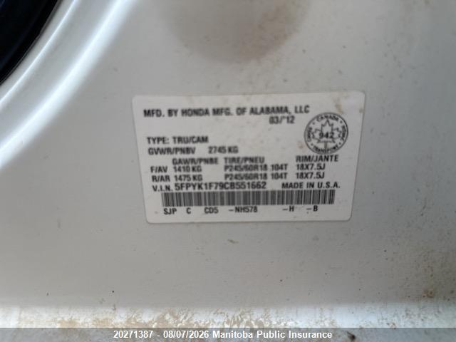 Aukcja sprzedaży 2012 Honda Ridgeline Sport, vin: 5FPYK1F79CB551662, numer aukcji: 20271387