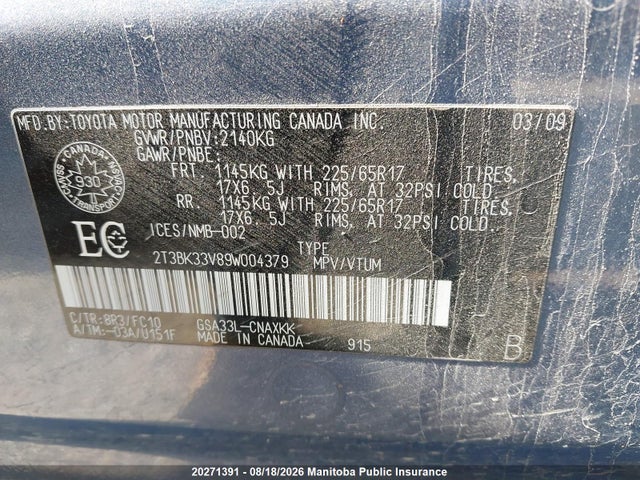 2009 Toyota Rav4 მანქანა იყიდება აუქციონზე, vin: 2T3BK33V89W004379, აუქციონის ნომერი: 20271391