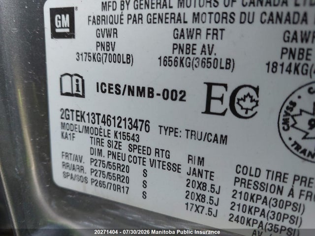 20271404 :رقم المزاد ، 2GTEK13T461213476 vin ، 2006 Gmc New Sierra K1500 مزاد بيع