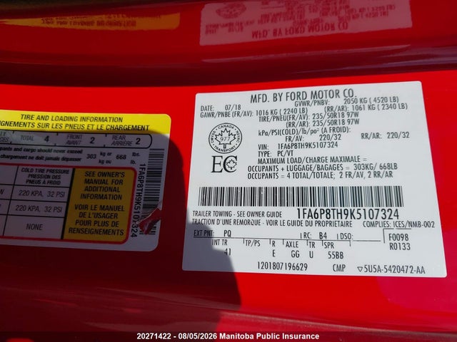 Ford Mustang 2019 1FA6P8TH9K5107324 Image 9