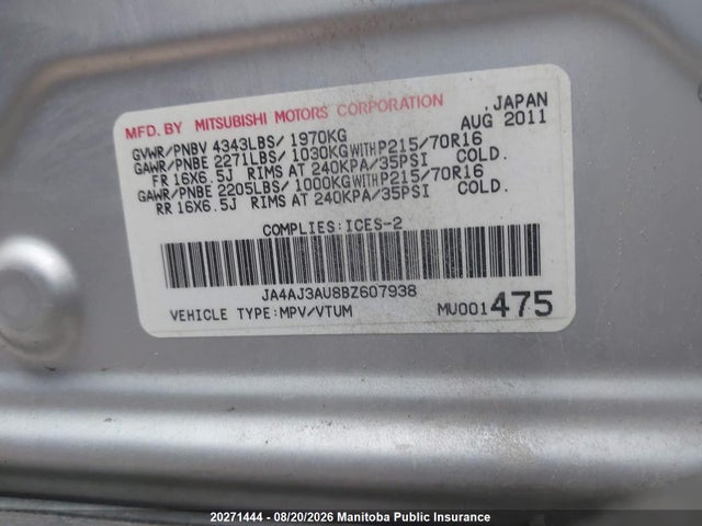 Продаж на аукціоні авто 2011 Mitsubishi Rvr, vin: JA4AJ3AU8BZ607938, номер лоту: 20271444