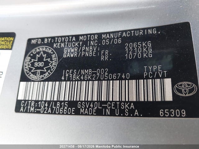 2007 Toyota Camry Se V6 მანქანა იყიდება აუქციონზე, vin: 4T1BK46K27U506740, აუქციონის ნომერი: 20271458
