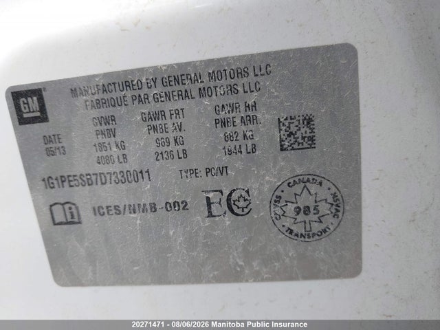 Aukcja sprzedaży 2013 Chevrolet Cruze Lt Turbo, vin: 1G1PE5SB7D7330011, numer aukcji: 20271471