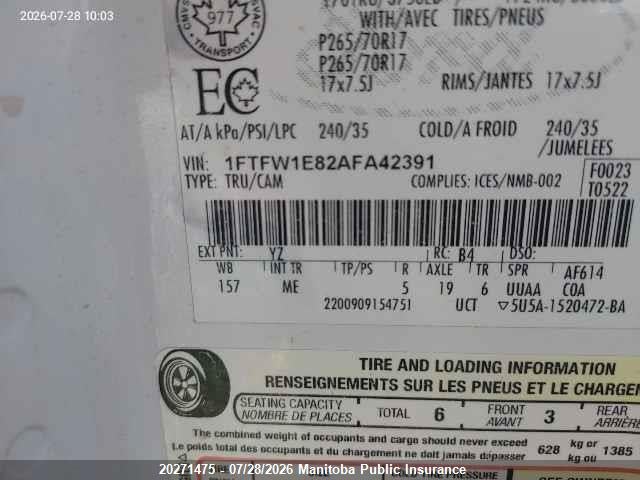 2010 Ford F150 Fx4 Supercrew მანქანა იყიდება აუქციონზე, vin: 1FTFW1E82AFA42391, აუქციონის ნომერი: 20271475