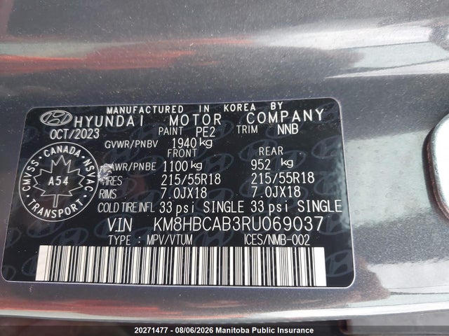 Продаж на аукціоні авто 2024 Hyundai Kona Preferred, vin: KM8HBCAB3RU069037, номер лоту: 20271477