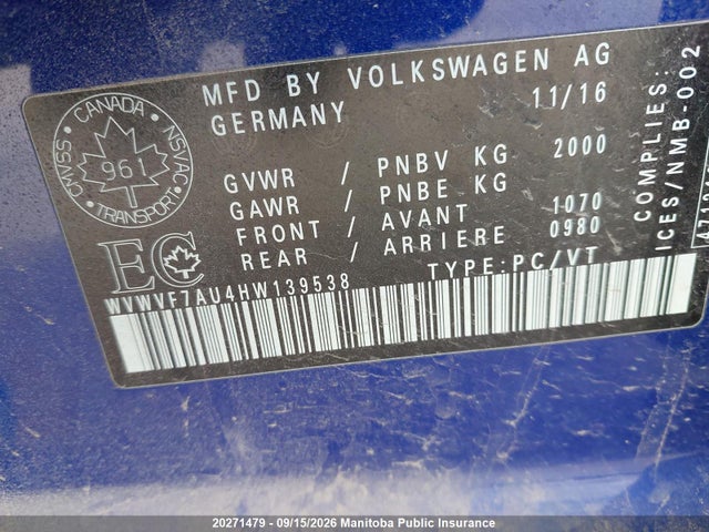 Продажа на аукционе авто 2017 Volkswagen Golf R 4motion, vin: WVWVF7AU4HW139538, номер лота: 20271479