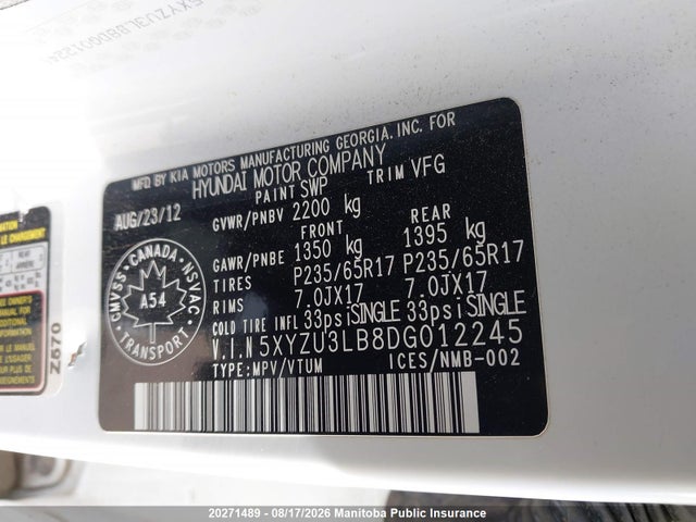 Продажа на аукционе авто 2013 Hyundai Santa Fe 2.4 Premium, vin: 5XYZU3LB8DG012245, номер лота: 20271489